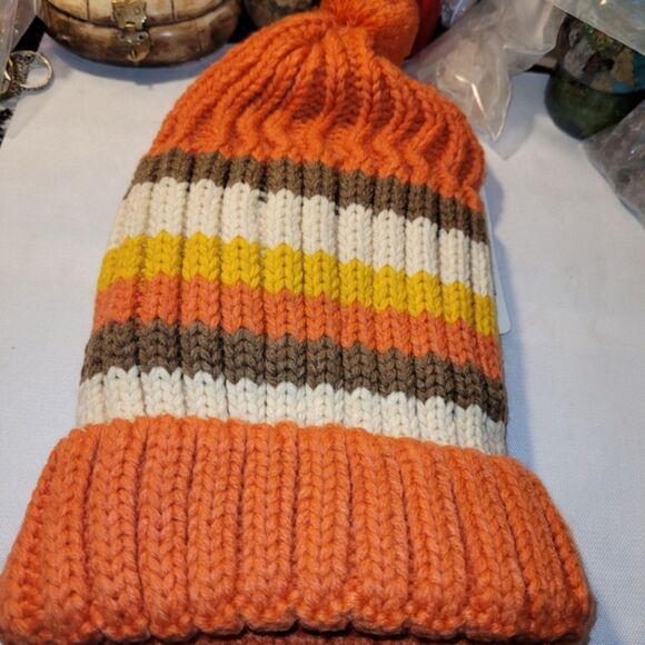 New Knit Striped Beanie Toboggan - Orange, Yellow, Brown, Cream - Picture 3 of 6